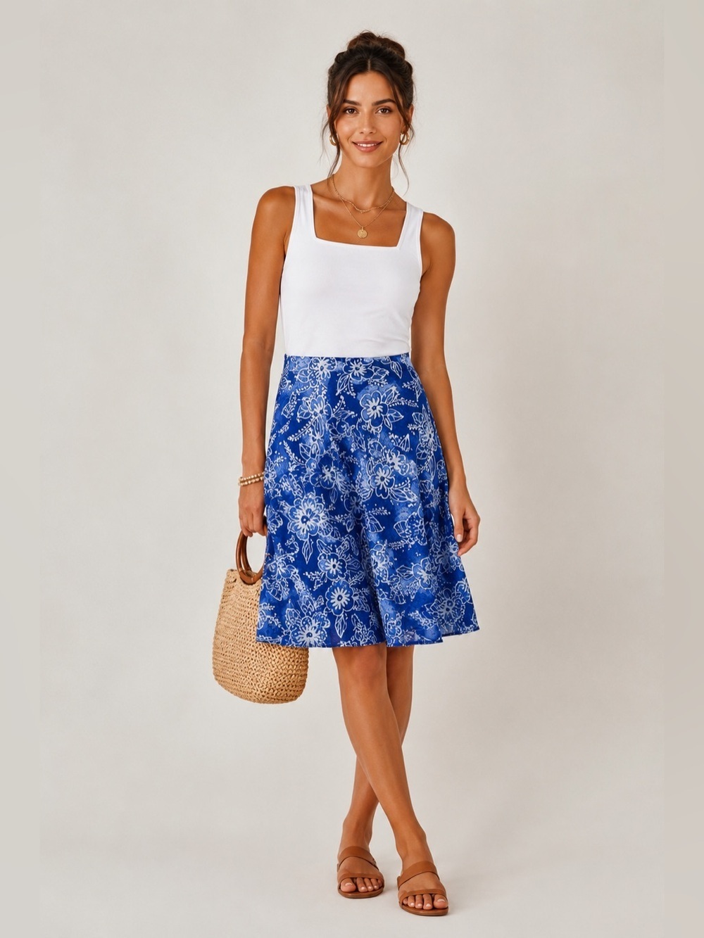 Jones New York Blue White Floral A-Line Midi Skirt Lightweight 6P Cottagecore